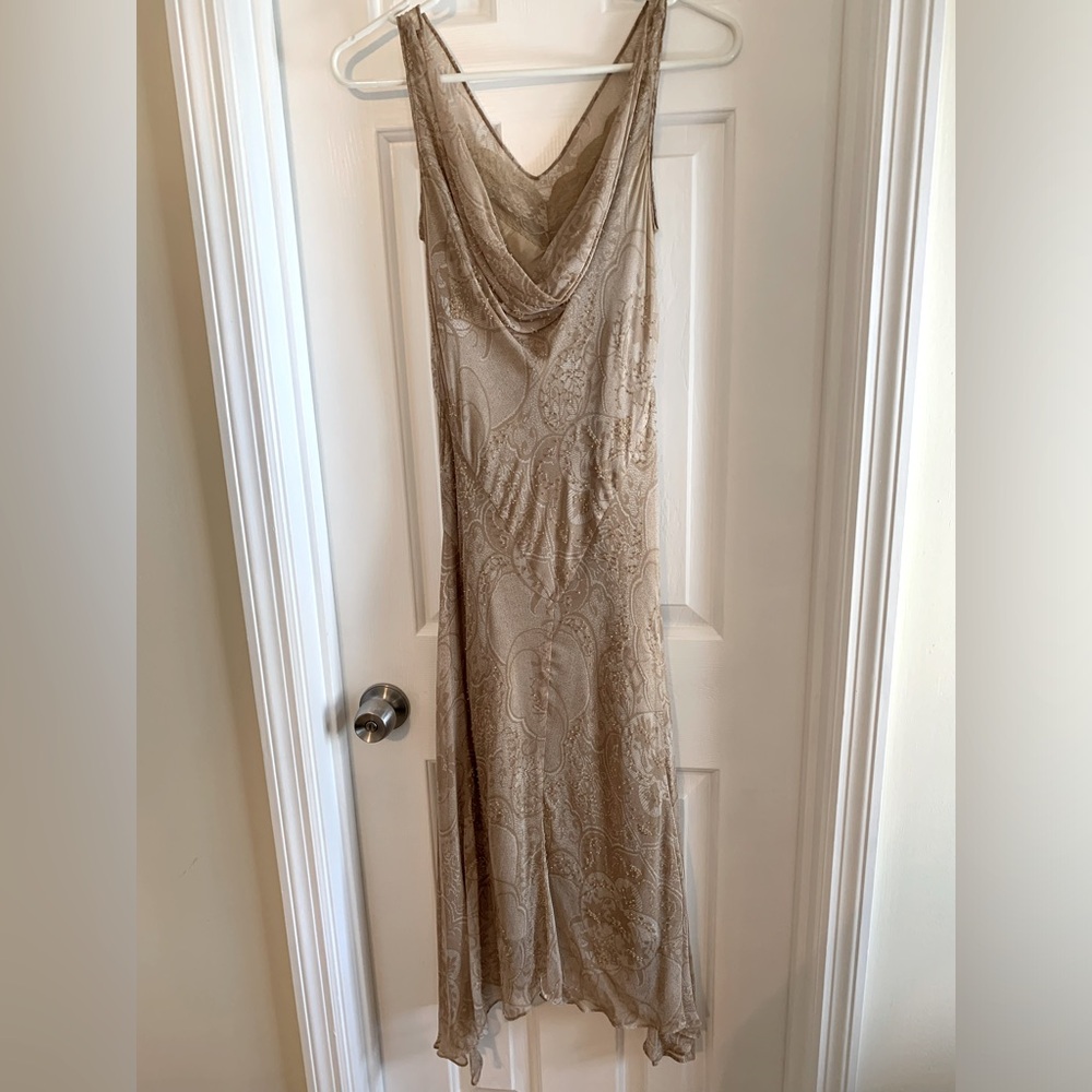 Beautiful WHBM formal taupe beaded silk lined dress